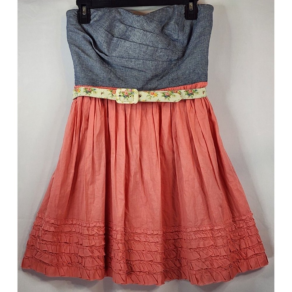 Trixxi Dress Womens Juniors 9 Blue Pink Strapless Ruffled Mini With Floral‎ Belt